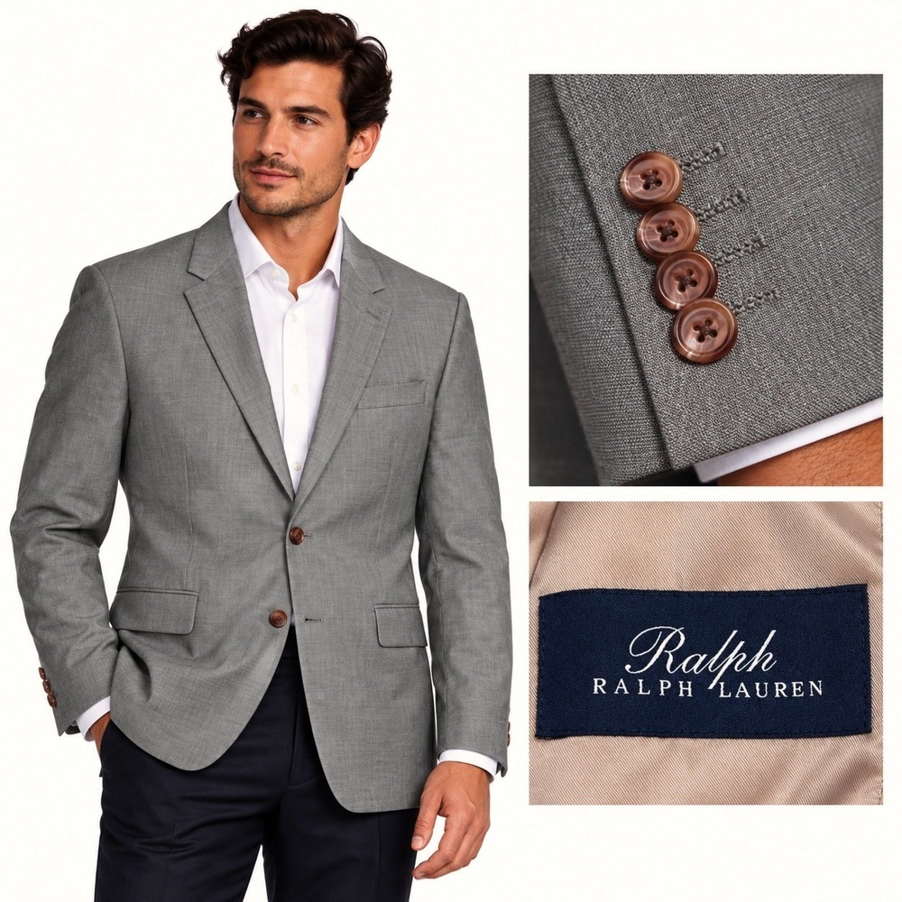 Ralph Lauren Mens 46R Grey 100% Wool Blazer Jacket Sport Career Coat Two Button